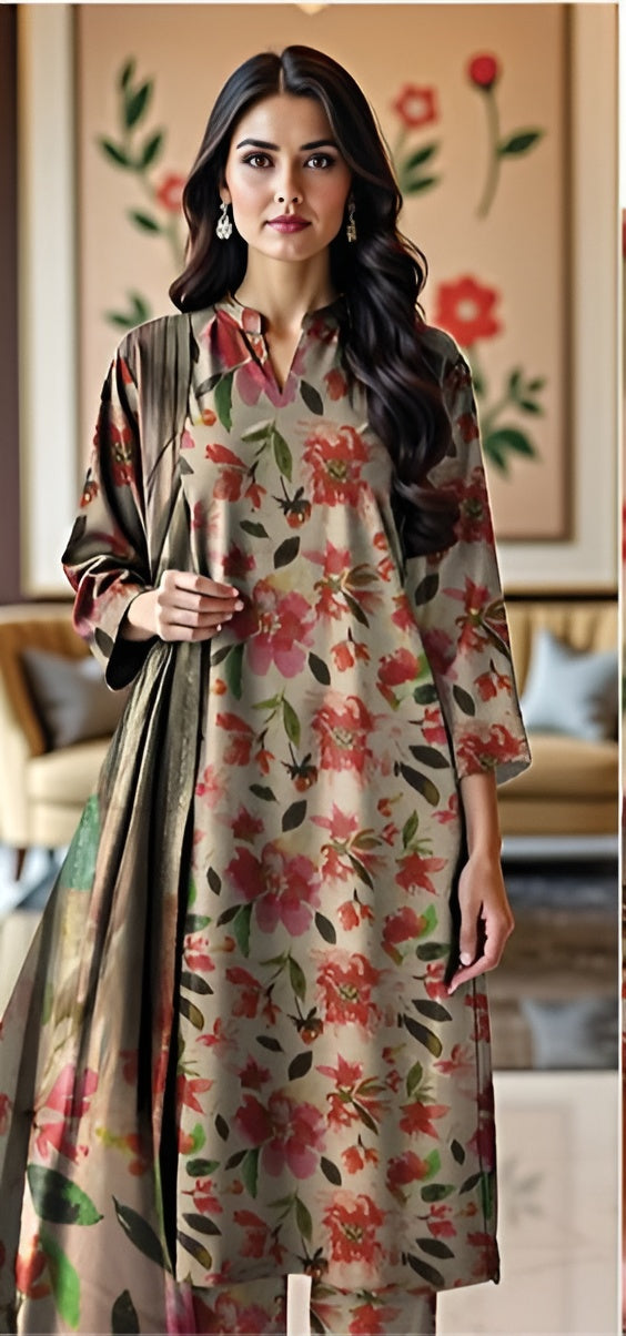 3 Piece - Nishat BanaDora Printed Linen Suit with Linen Duppatta (Unstitched)
