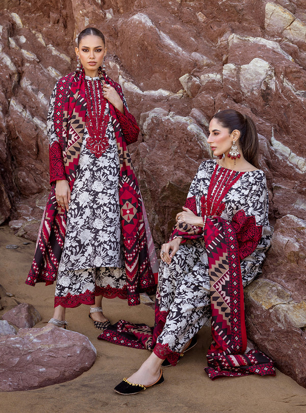 3 Piece - Khaddar Full Heavy Embroidered Suit with Digital Printed Khaddar Dupatta (Unstitched)