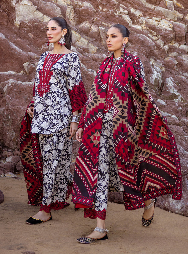 3 Piece - Khaddar Full Heavy Embroidered Suit with Digital Printed Khaddar Dupatta (Unstitched)