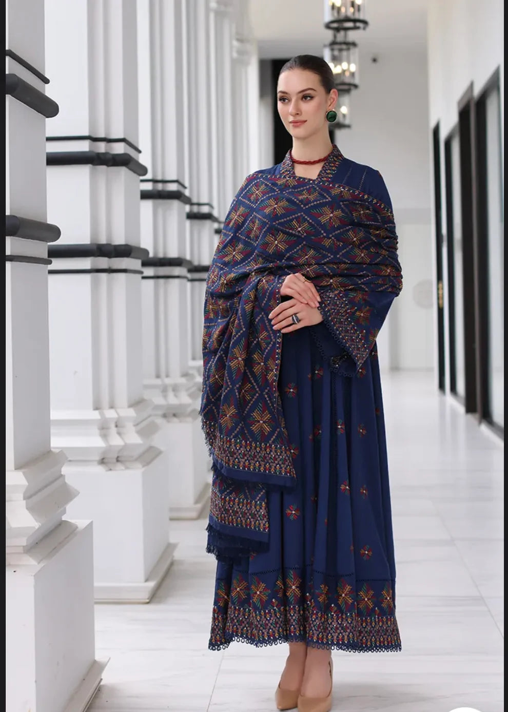 3 Piece - Dhanak Full Heavy Embroidered Suit with Digital Print Wool Shawl (Unstitched)