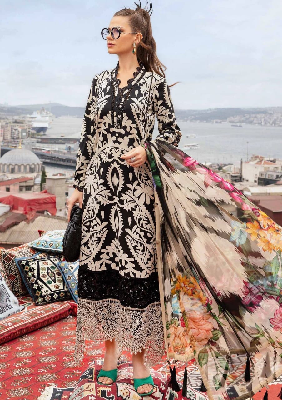 3 Piece - Maria B Lawn Suit With Chiffon Dupatta (Unstitched)