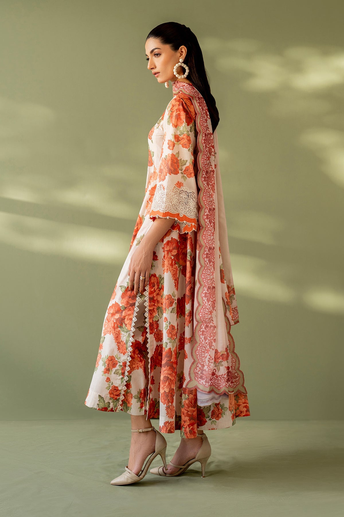 3 Piece - Baroque Linen Embroidered Suit with Embroidered Shawl (Unstitched)