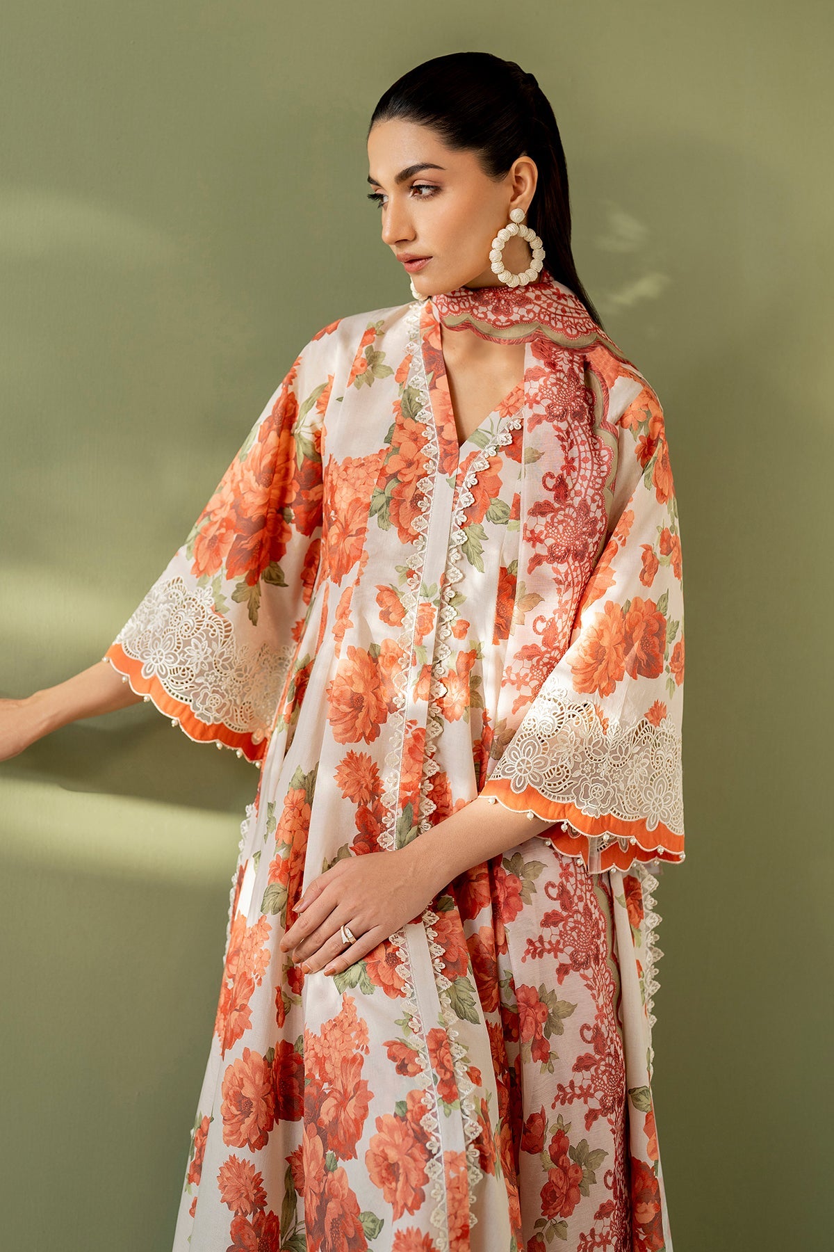 3 Piece - Baroque Linen Embroidered Suit with Embroidered Shawl (Unstitched)