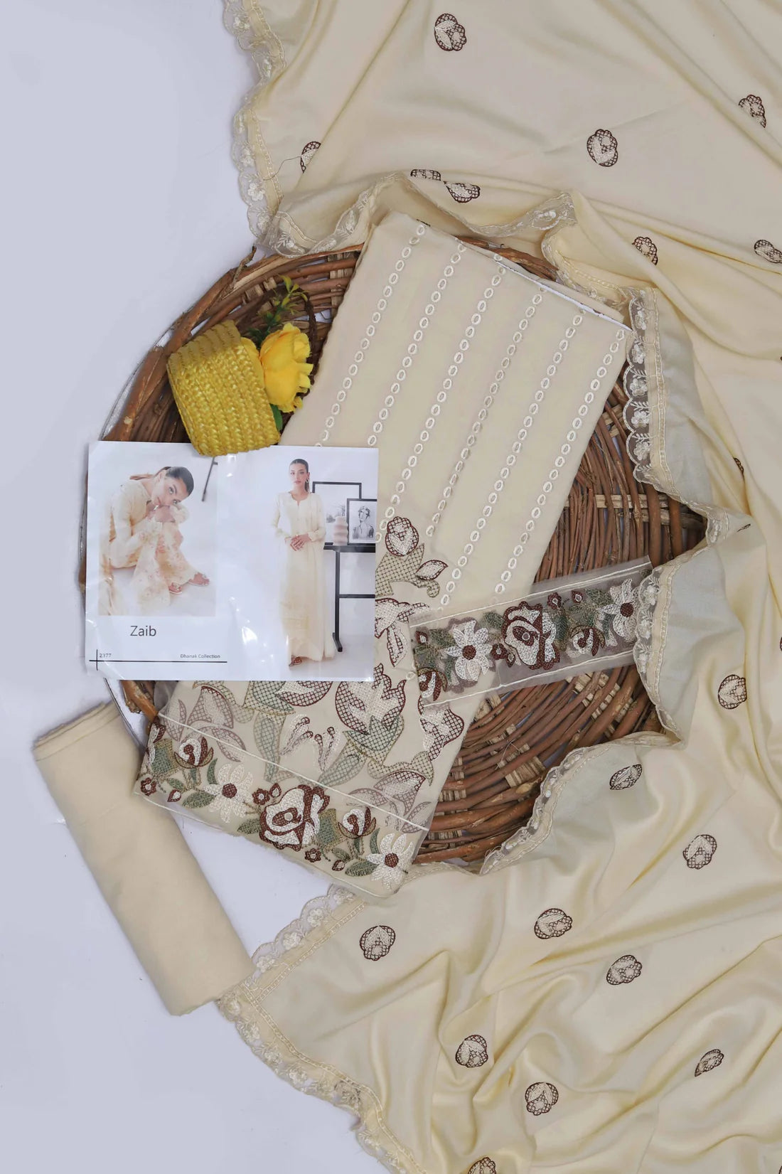 3 Piece - Maria B Dhanak Full Heavy Embroidered Suit with Embroidered Winter Wool Shawl (Unstitched)