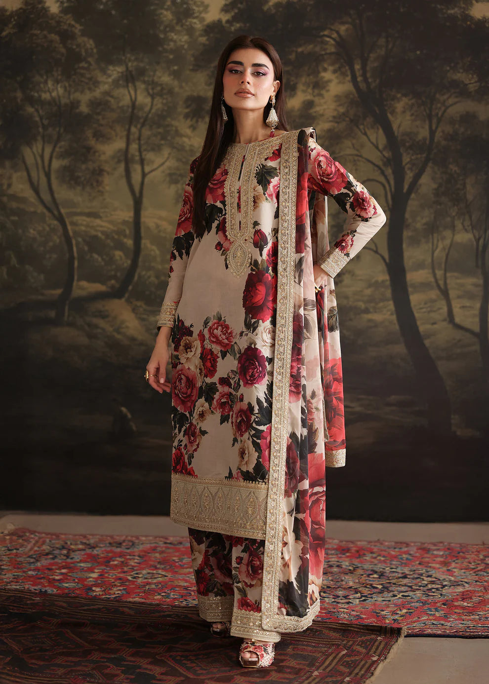 3 Piece - Silk Embroidered Digital Printed Suit with Digital Printed Silk Dupatta (Unstitched)