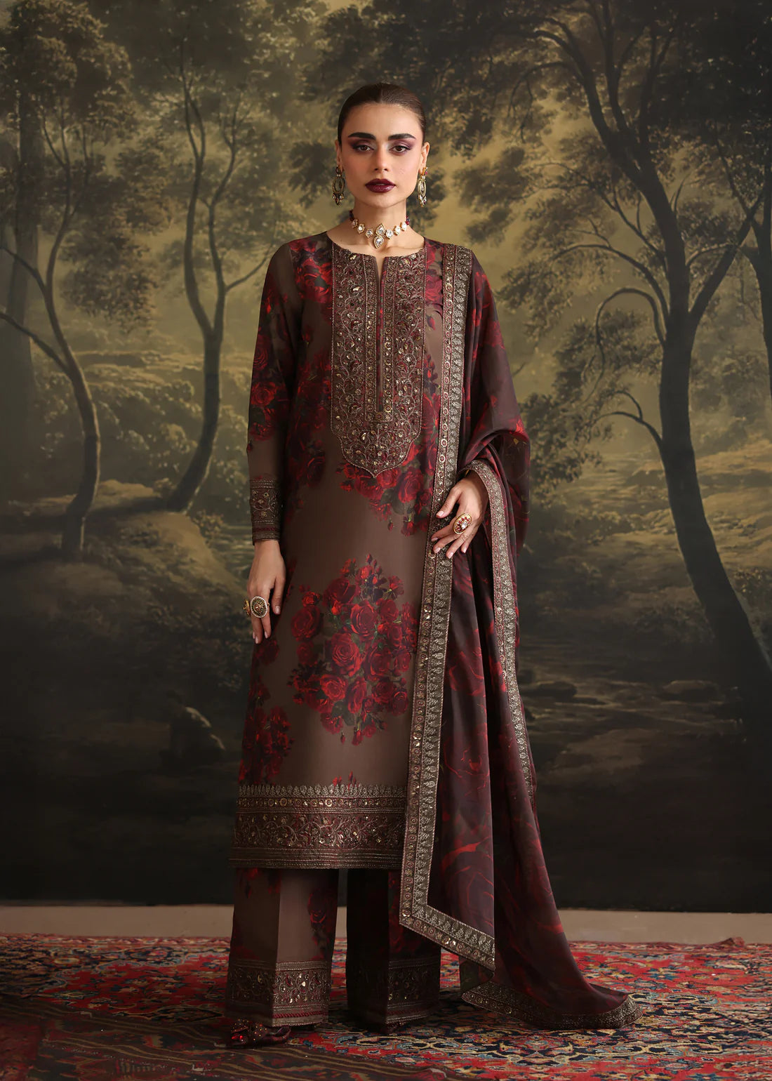 3 Piece - Silk Embroidered Digital Printed Suit with Embroidered Digital Printed Dupatta (Unstitched)