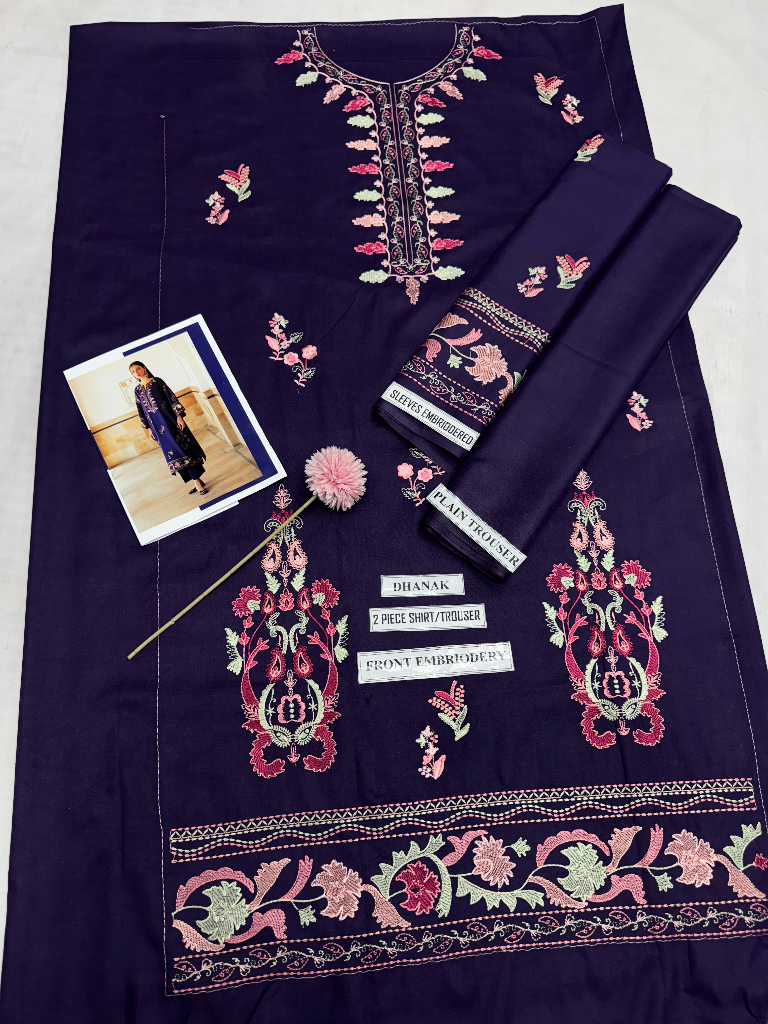 3 Piece - Dhanak Full Heavy Embroidered Suit with Dhanak Embroidered Shawl (Unstitched)