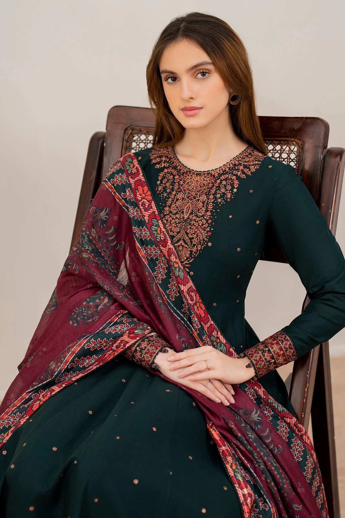 3 Piece - Jazmin Dhanak Embroidered Suit with Digital Wool Shawl (Unstitched)