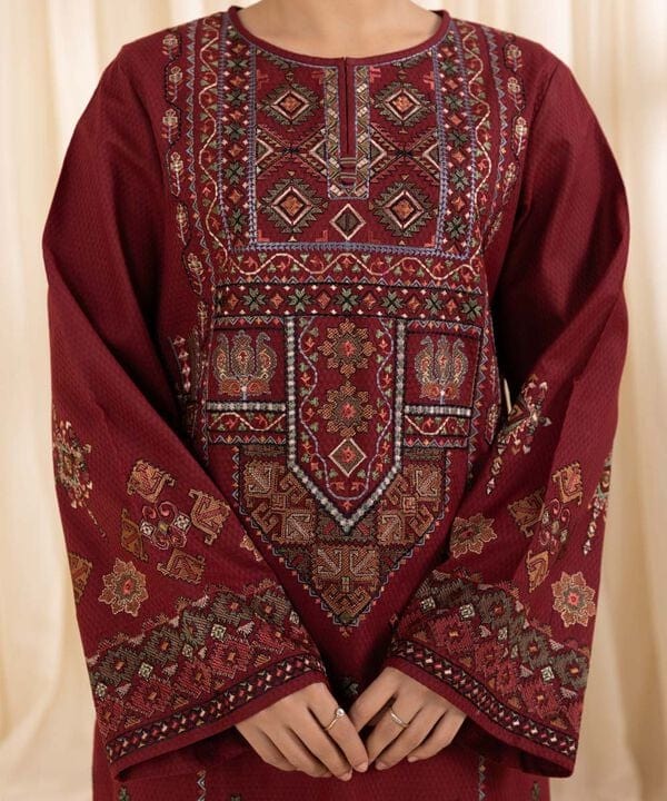 3 Piece - Dhanak Embroidered Suit with Digital Printed Wool Shawl (Unstitched)