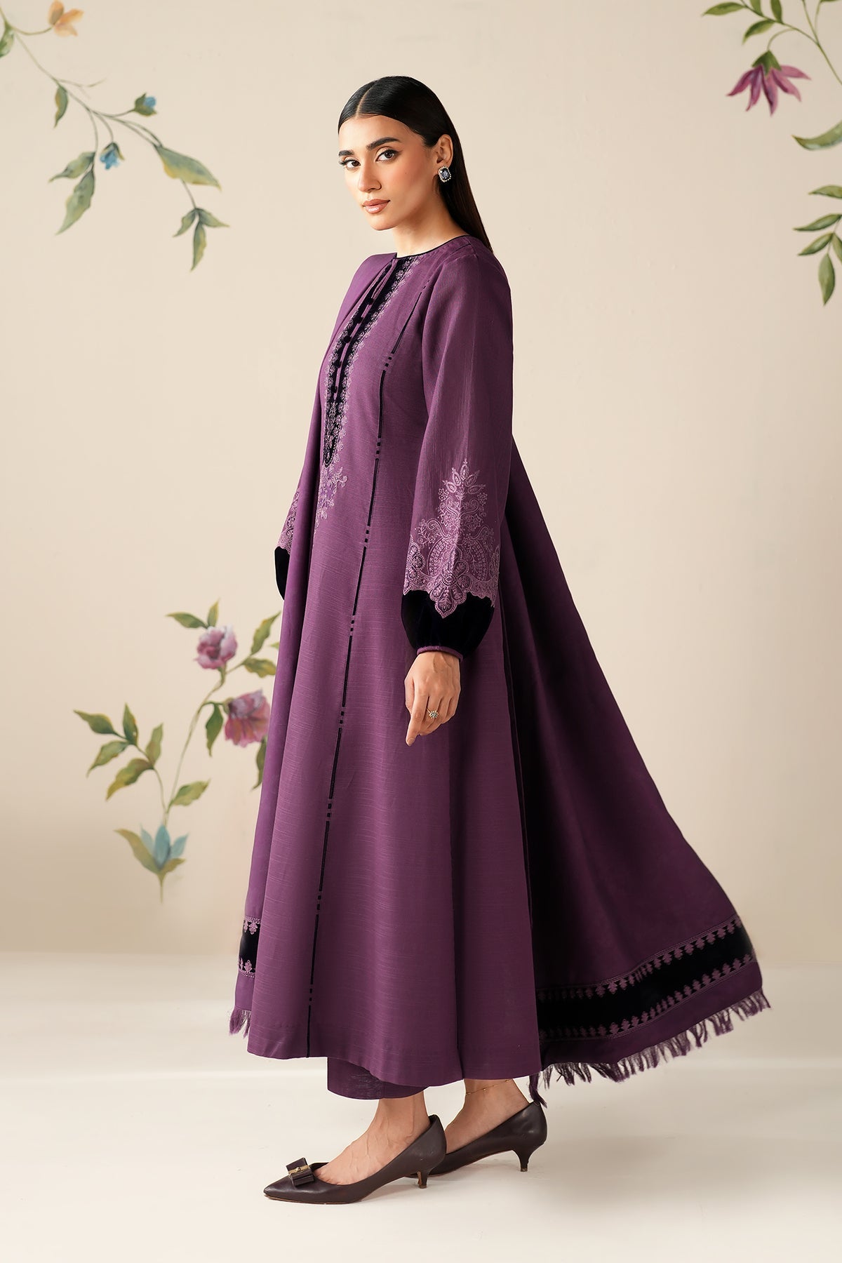 3 Piece - Baroque Embroidered Suit with Digital Printed Dhanak Shawl (Unstitched)