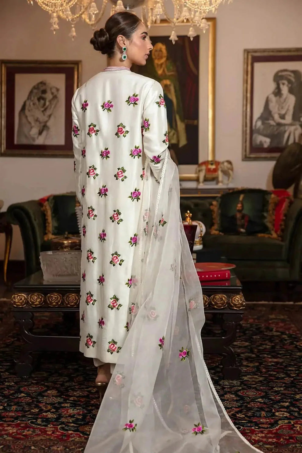 3 Piece -Silk  Embroidered Shamoz Suit with Organza Embroidered Dupatta (Unstitched)