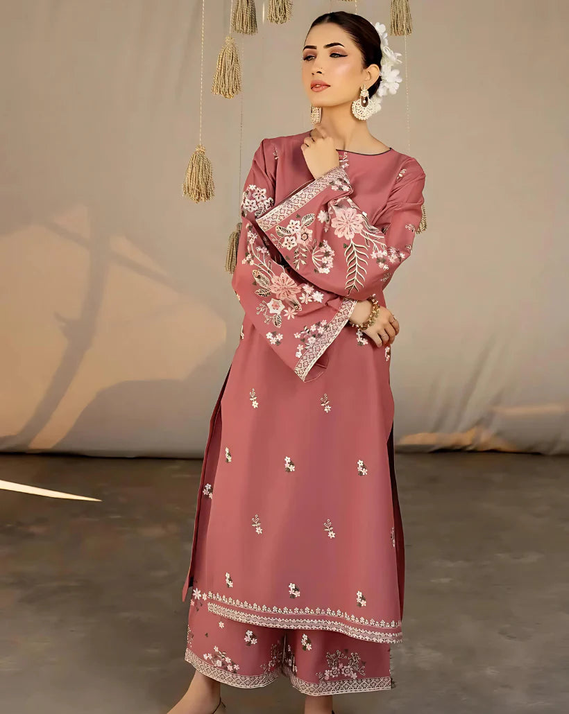 2 Piece - Dhanak Full Embroidered Suit with Heavy Embroidered Sleeves(Unstitched)