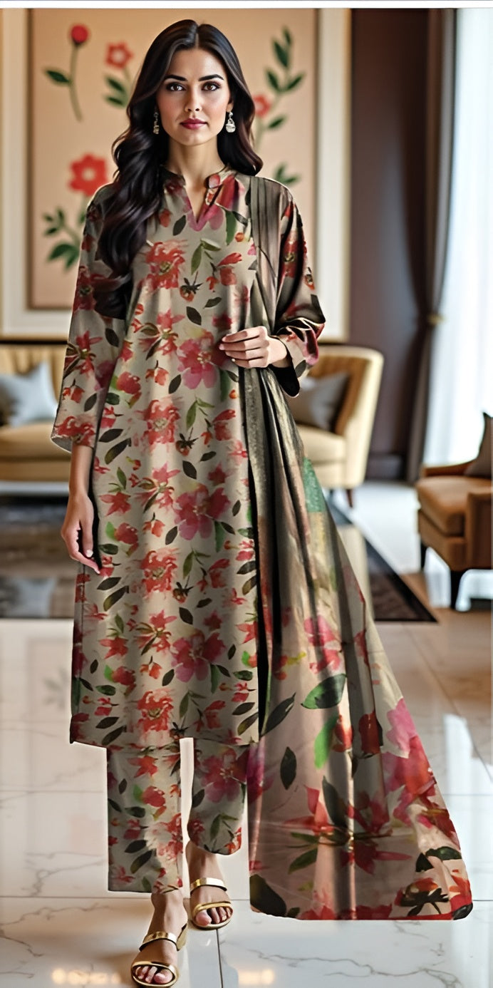 3 Piece - Nishat BanaDora Printed Linen Suit with Linen Duppatta (Unstitched)
