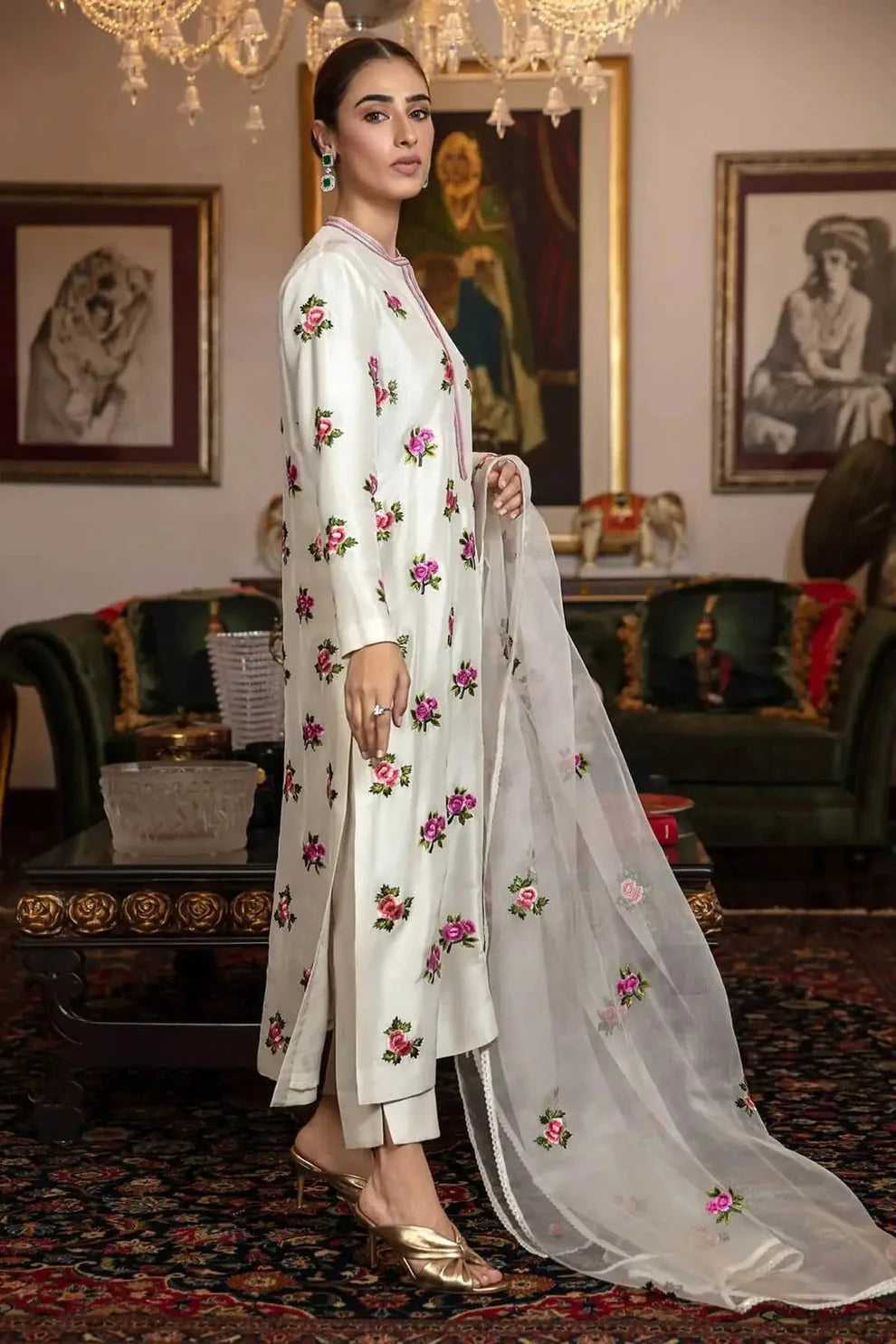 3 Piece -Silk  Embroidered Shamoz Suit with Organza Embroidered Dupatta (Unstitched)