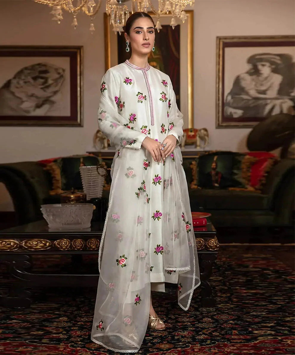3 Piece -Silk  Embroidered Shamoz Suit with Organza Embroidered Dupatta (Unstitched)