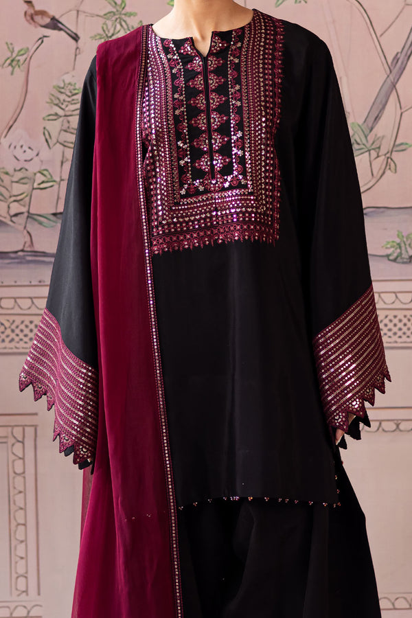 3 Piece - Dhanak Embroidered Suit with Dhanak Embroidered Shawl (Unstitched)