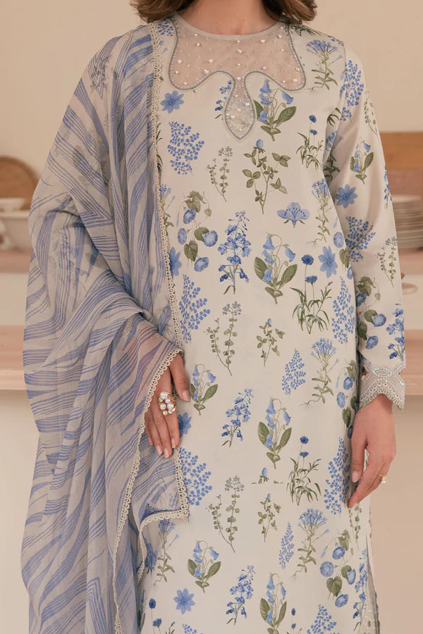 3 Piece - Sapphire Linen Full Embroidered Suit with Printed Linen Duppatta (Unstitched)