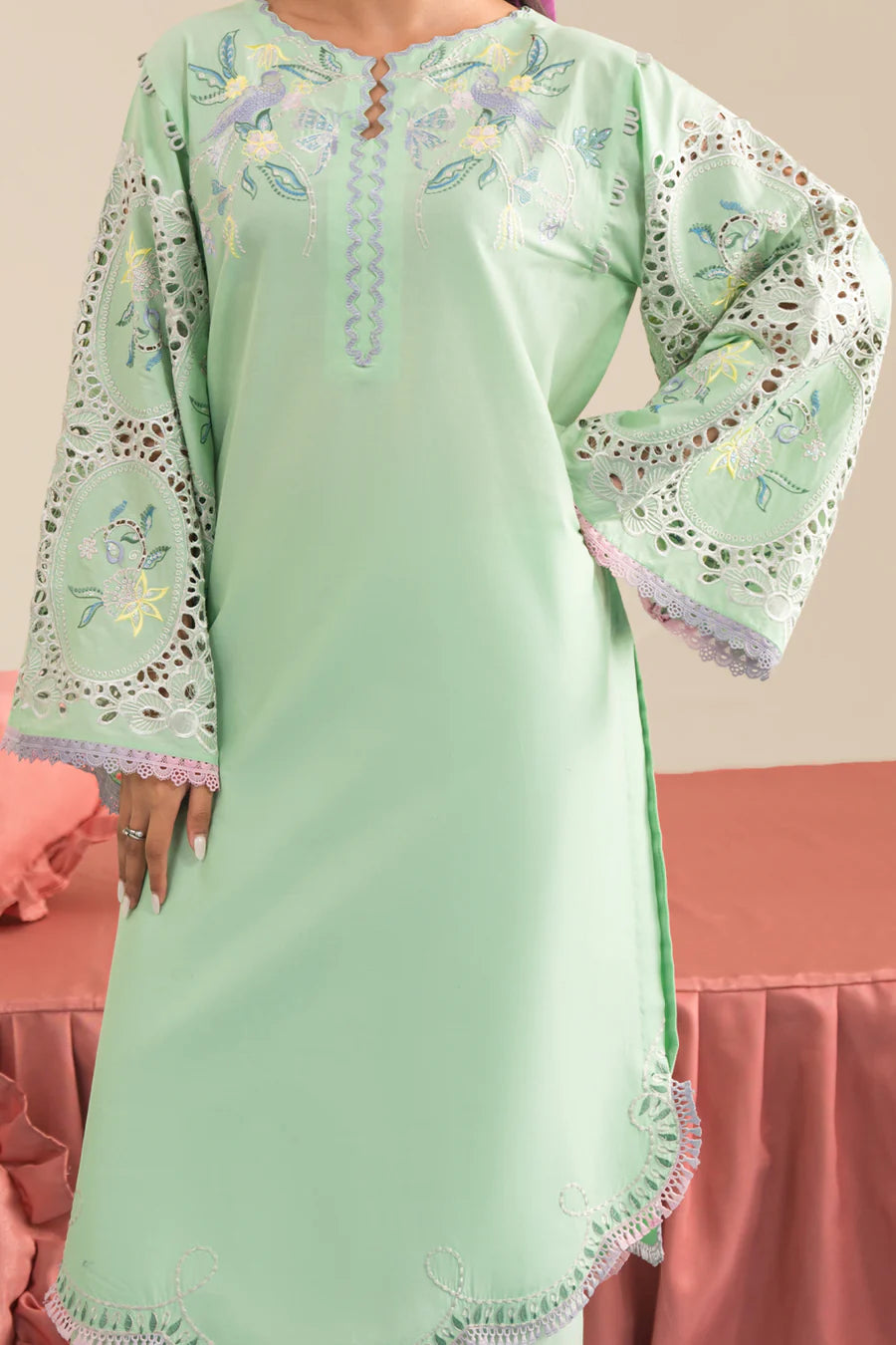 2 Piece - Dhanak Embroidered Suit with Plain Dyed Dhanak Trouser (Unstitched)