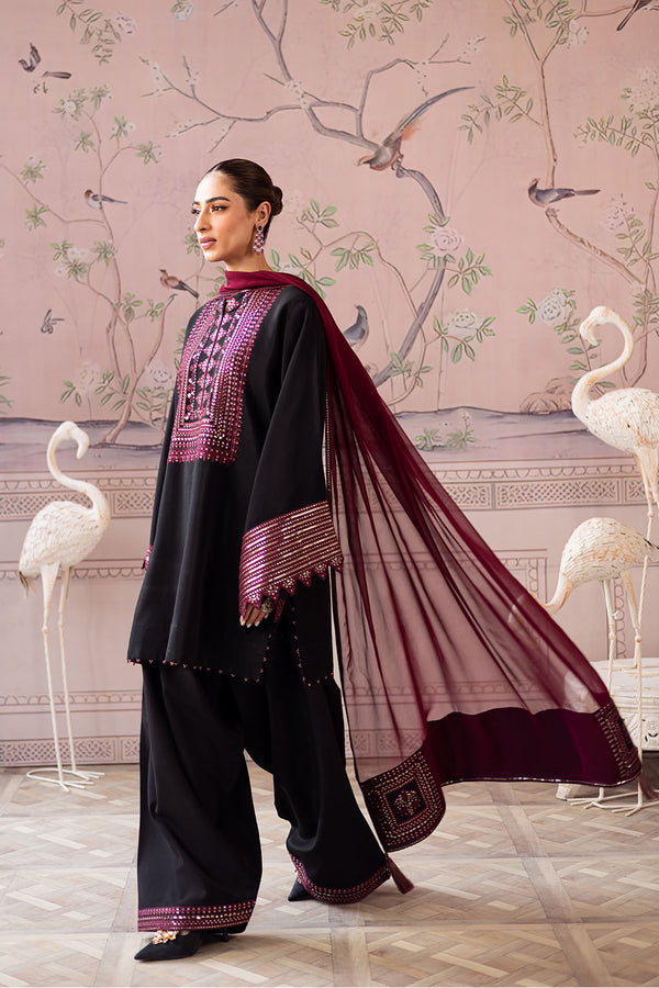 3 Piece - Dhanak Embroidered Suit with Dhanak Embroidered Shawl (Unstitched)