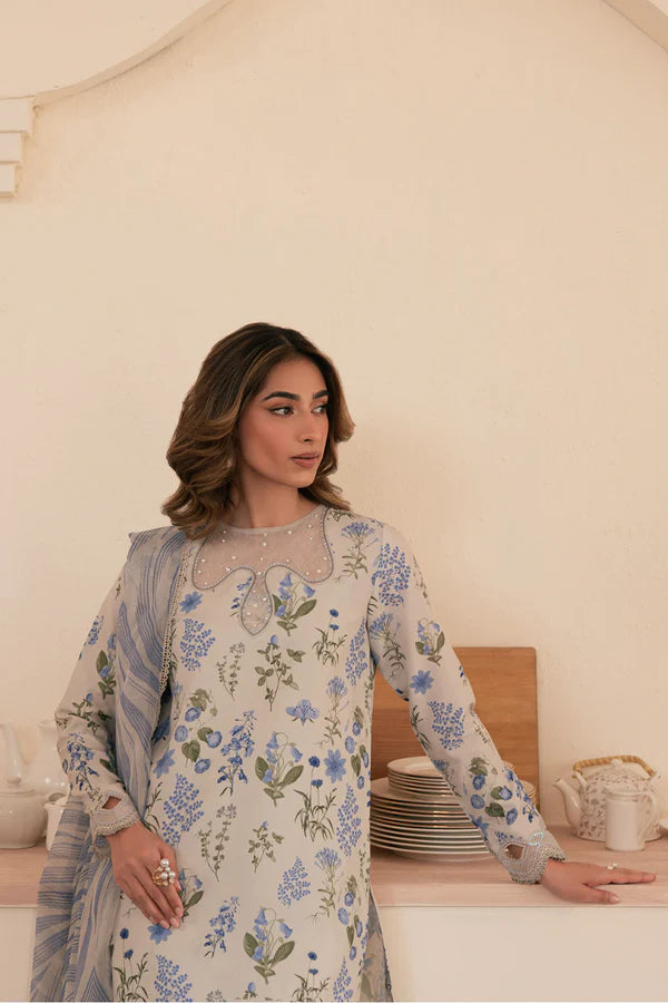 3 Piece - Sapphire Linen Full Embroidered Suit with Printed Linen Duppatta (Unstitched)