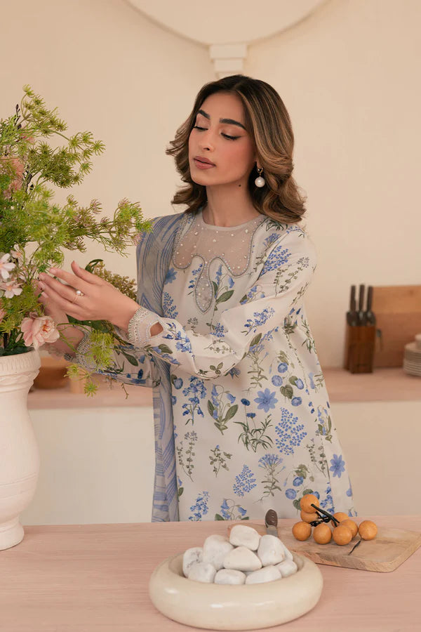 3 Piece - Sapphire Linen Full Embroidered Suit with Printed Linen Duppatta (Unstitched)