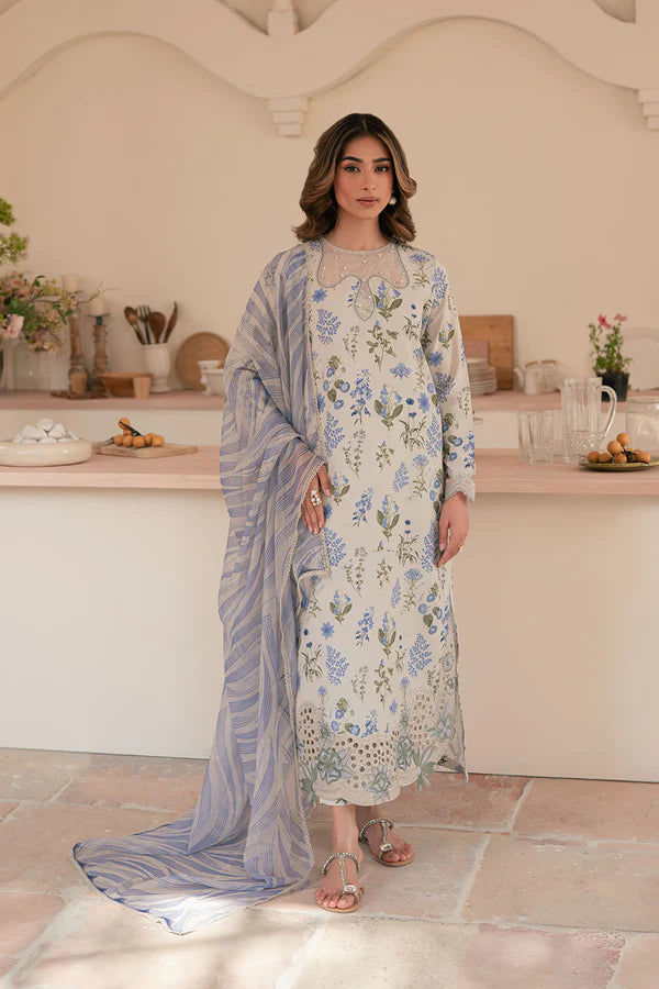 3 Piece - Sapphire Linen Full Embroidered Suit with Printed Linen Duppatta (Unstitched)