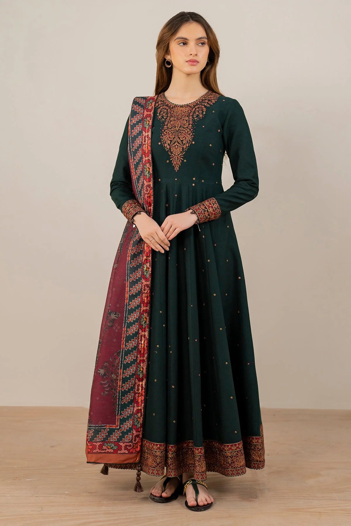 3 Piece - Jazmin Dhanak Embroidered Suit with Digital Wool Shawl (Unstitched)