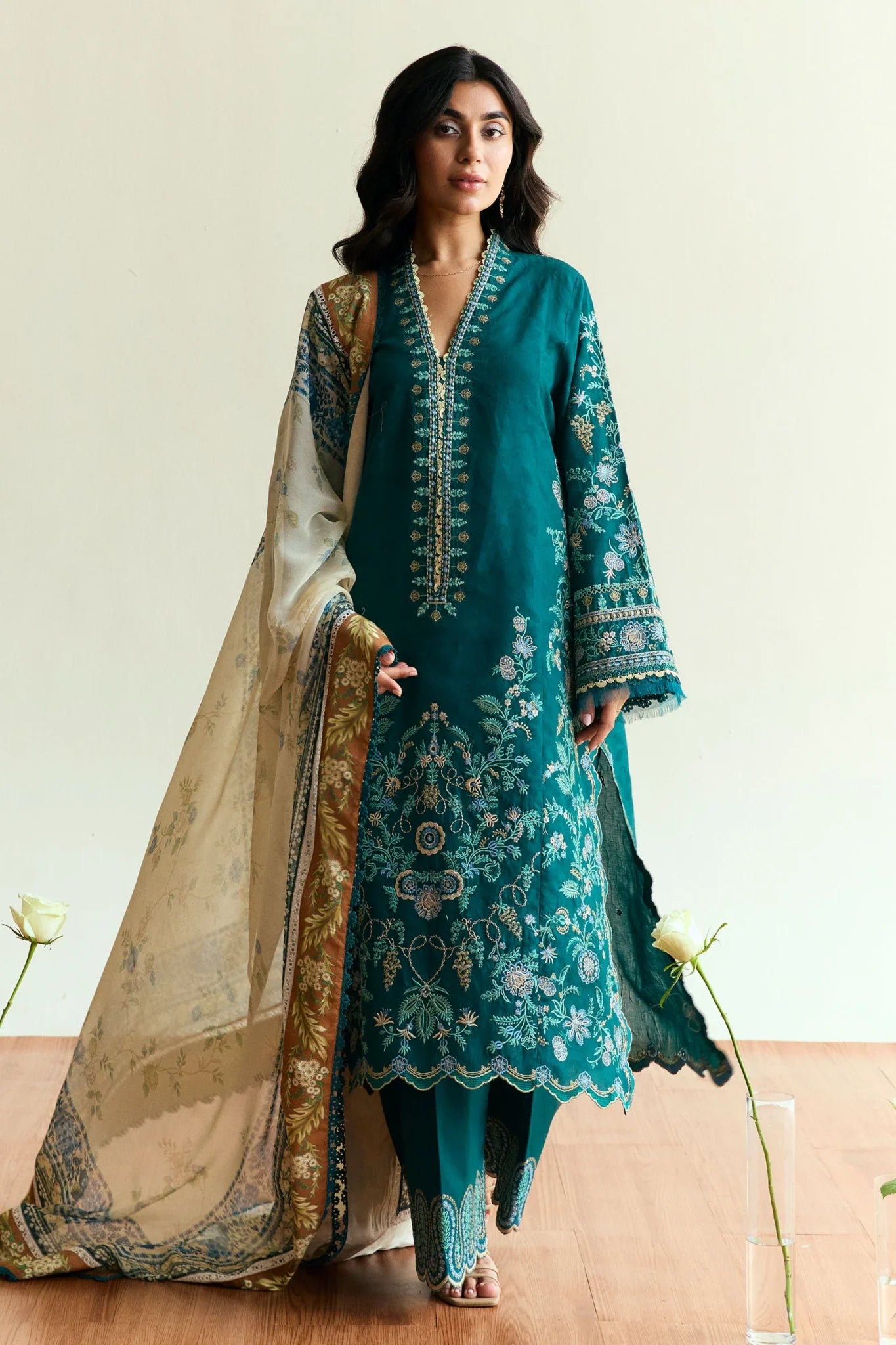 3 Piece - Dhanak Embroidered Suit with Wool Printed Shawl (Unstitched)