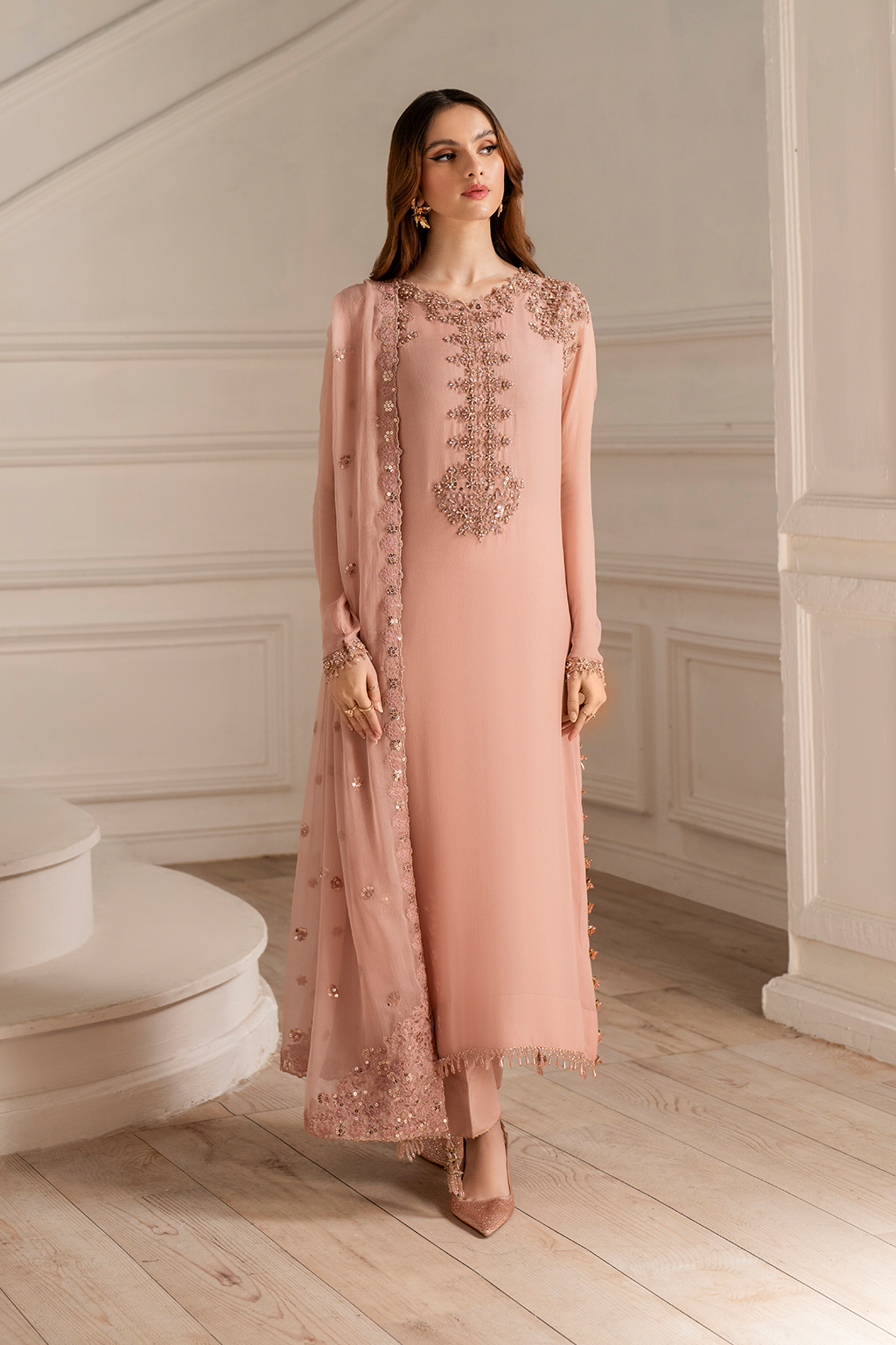 3 Piece - Chiffon Full Heavy Embroidered Suit with Embroidered Chiffon Dupatta (Unstitched)