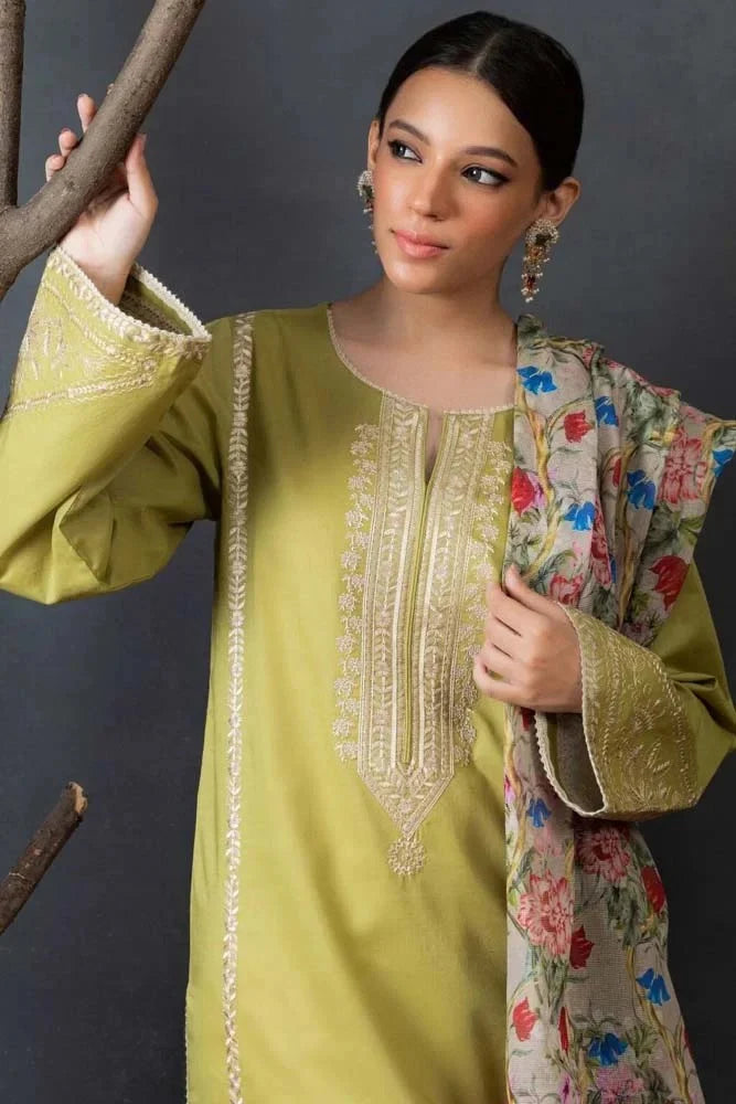 3 Piece -Sapphire Dhanak Full Heavy Embroidered Suit with Digital Print Wool Shawl Dupatta (Unstitched)