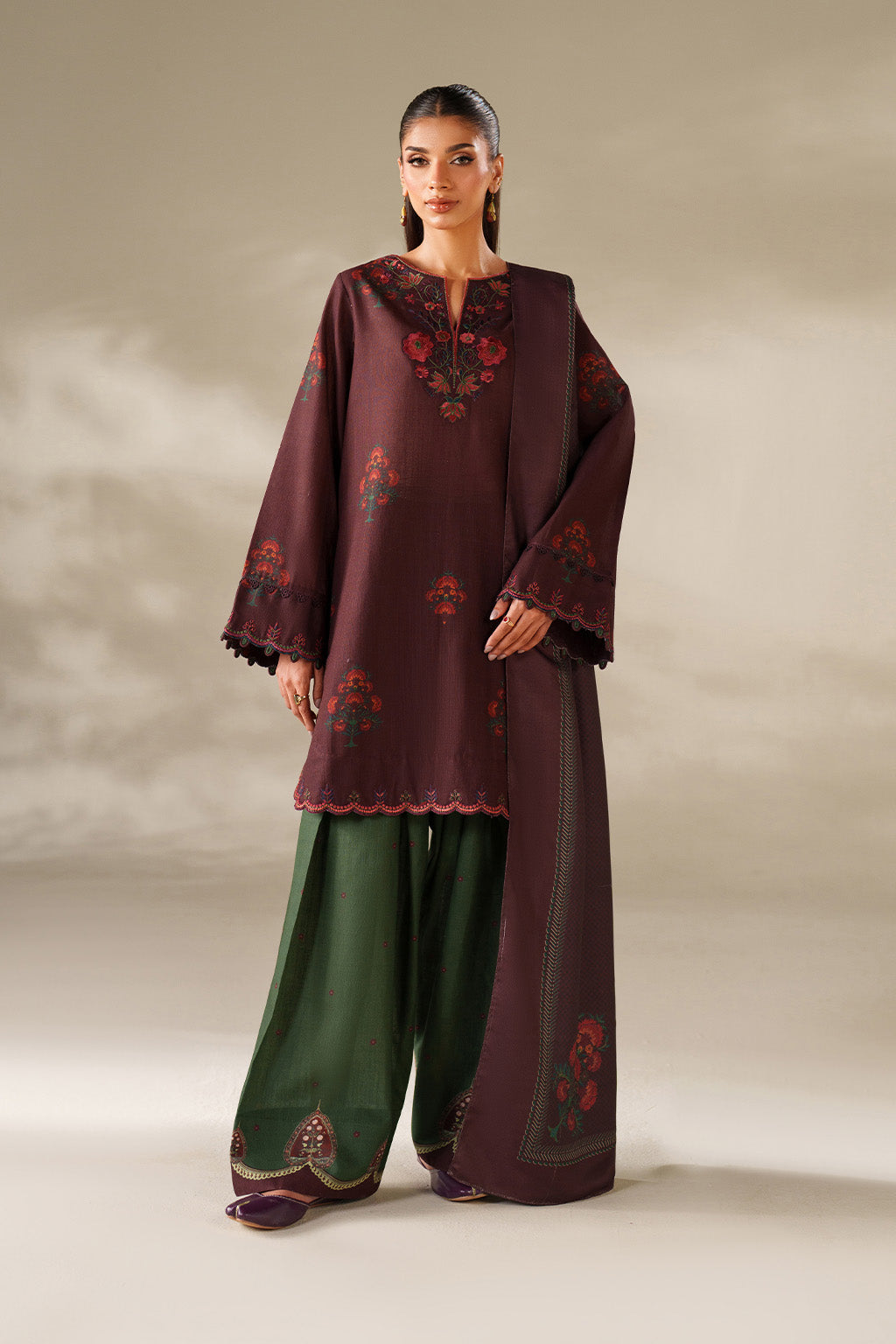 3 Piece - Dhanak Embroidered Suit with Digital Printed Dhanak Shawl (Unstitched)