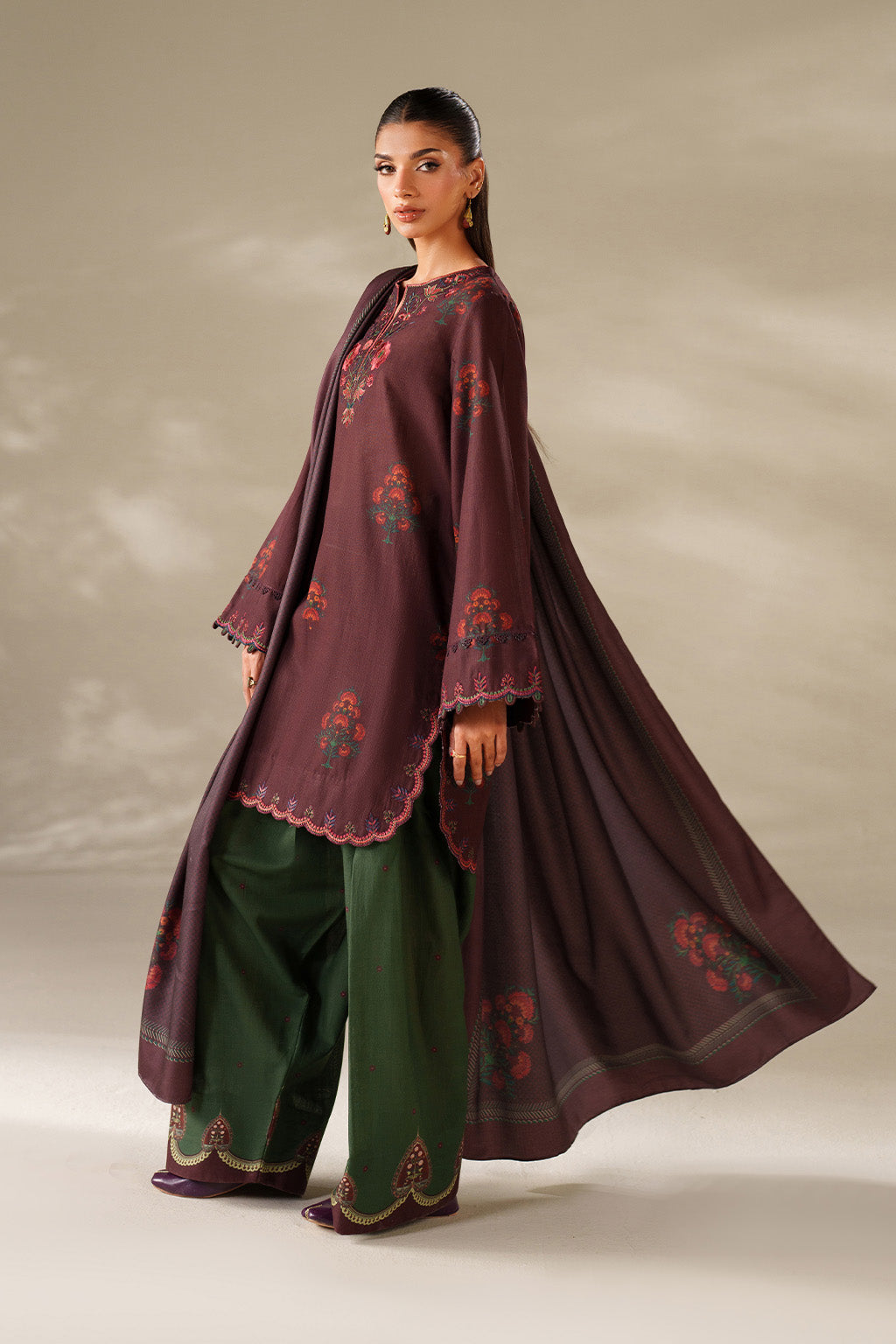 3 Piece - Dhanak Embroidered Suit with Digital Printed Dhanak Shawl (Unstitched)