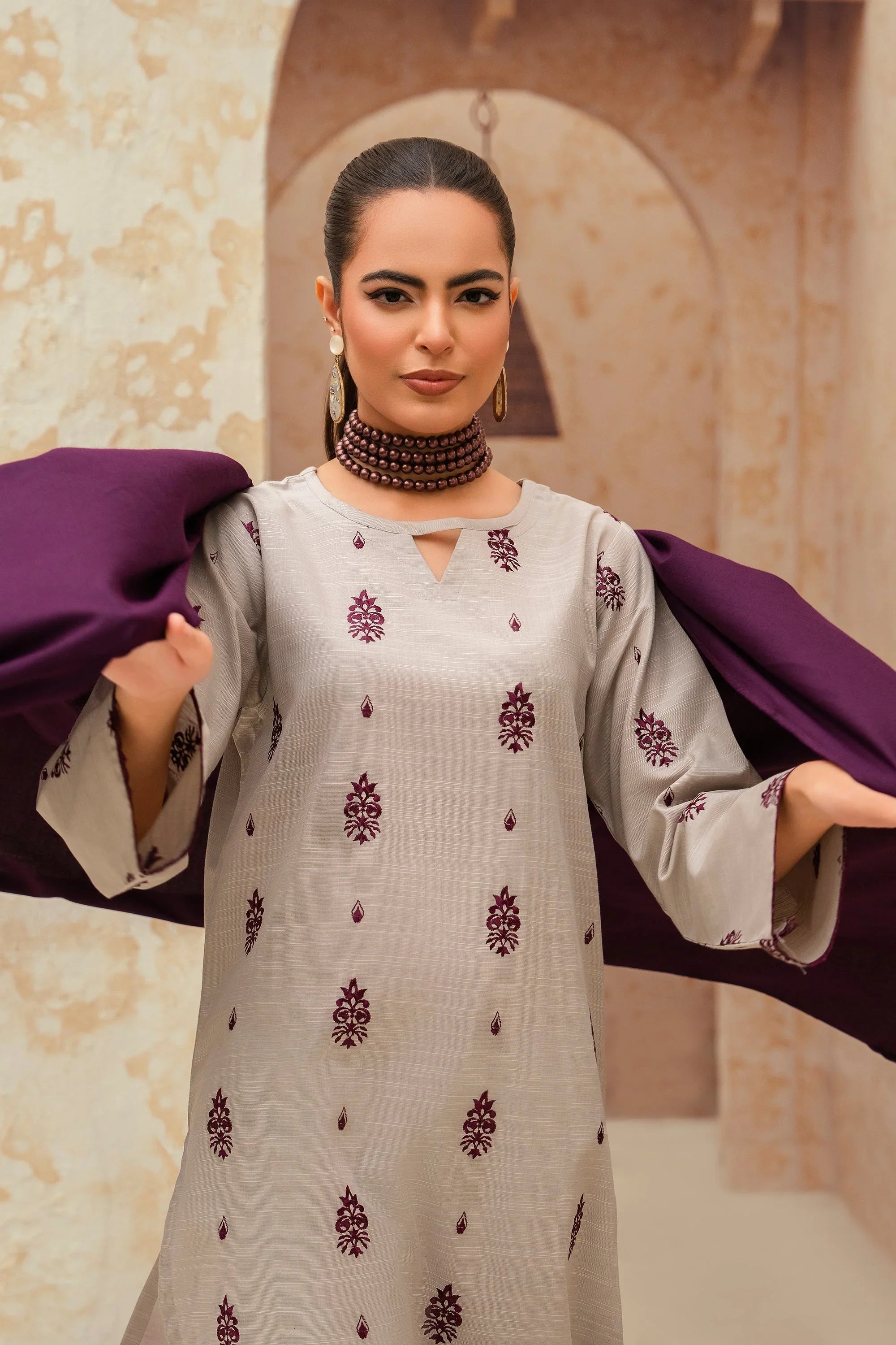 3 Piece - Dhanak Full Heavy Embroidered Suit with Dhanak Dyed Shawl (Unstitched)