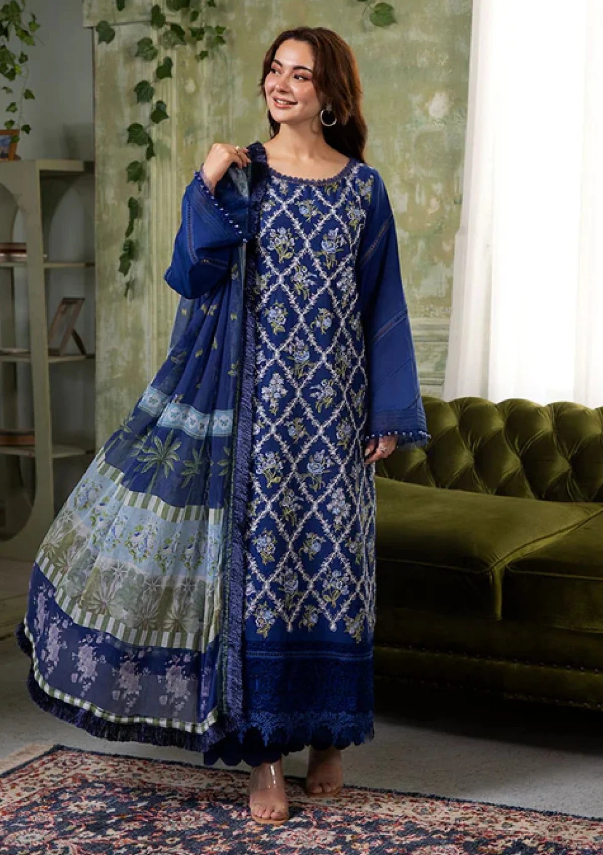 3 Piece - Dhanak Full Heavy Embroidered Suit with Digital Print Wool Shawl(Unstitched)