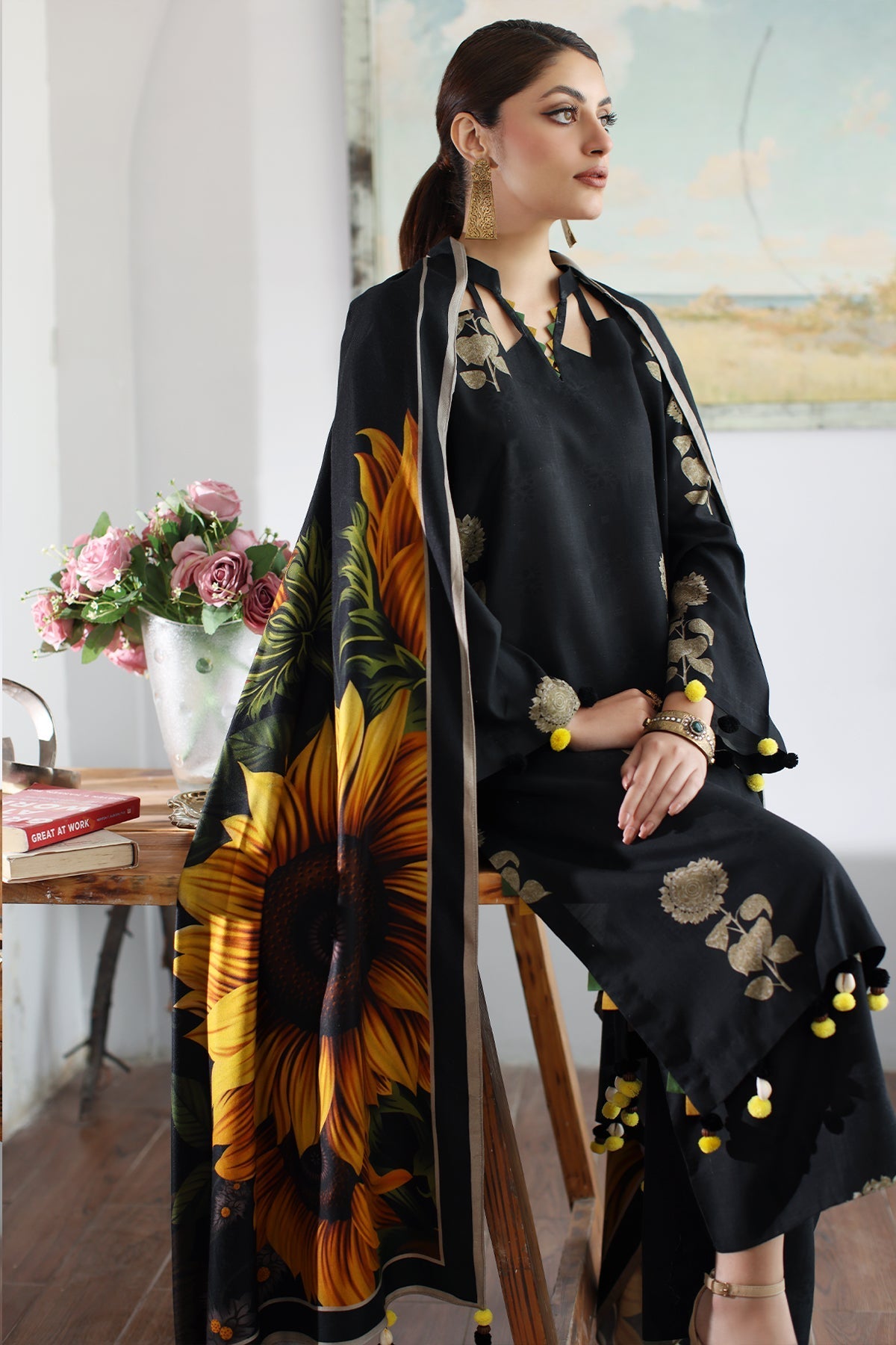 3 Piece - Charizma DhanakPrinted Suit with Printed Pashmina Wool Shawl(Unstitched)