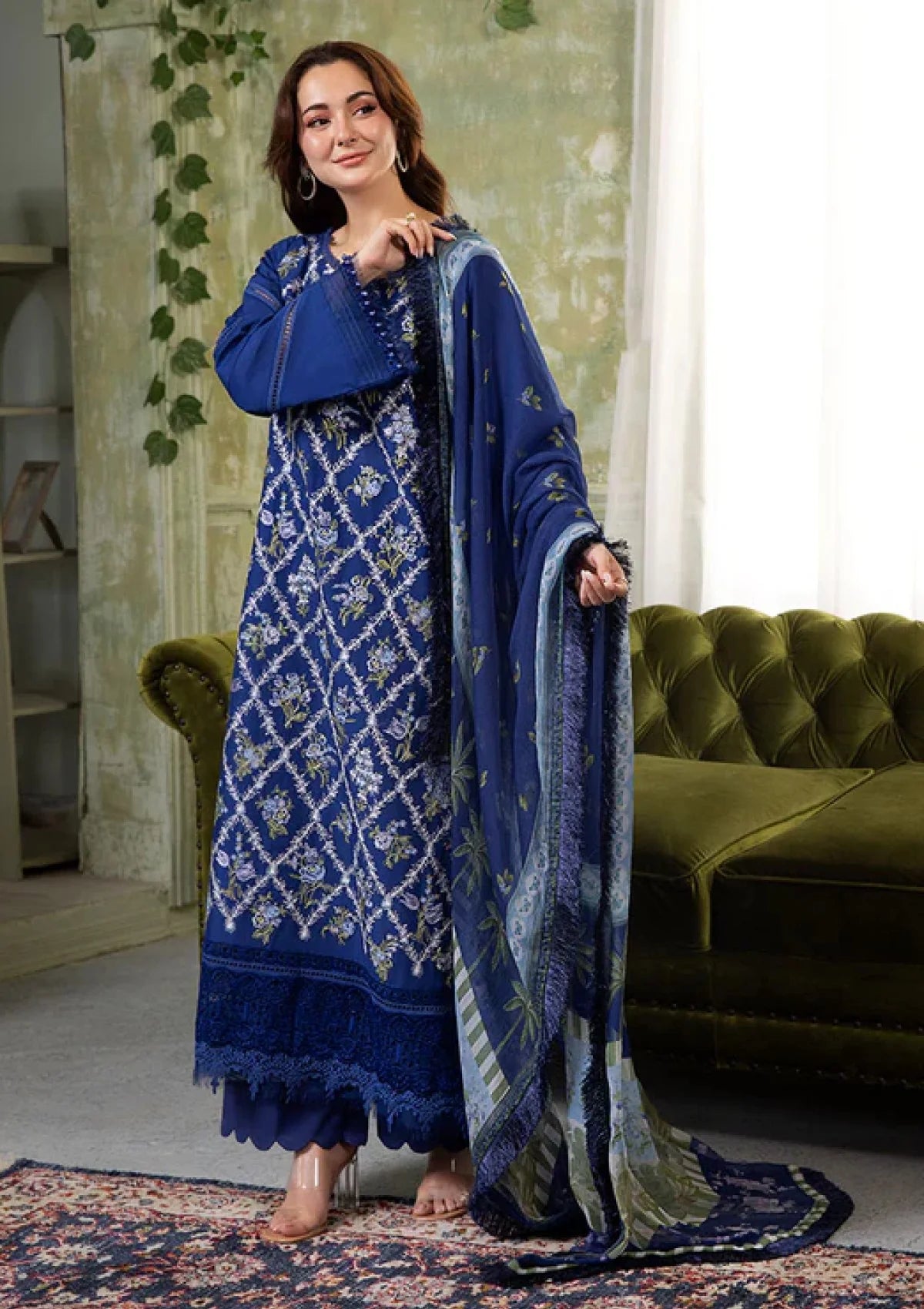 3 Piece - Dhanak Full Heavy Embroidered Suit with Digital Print Wool Shawl(Unstitched)