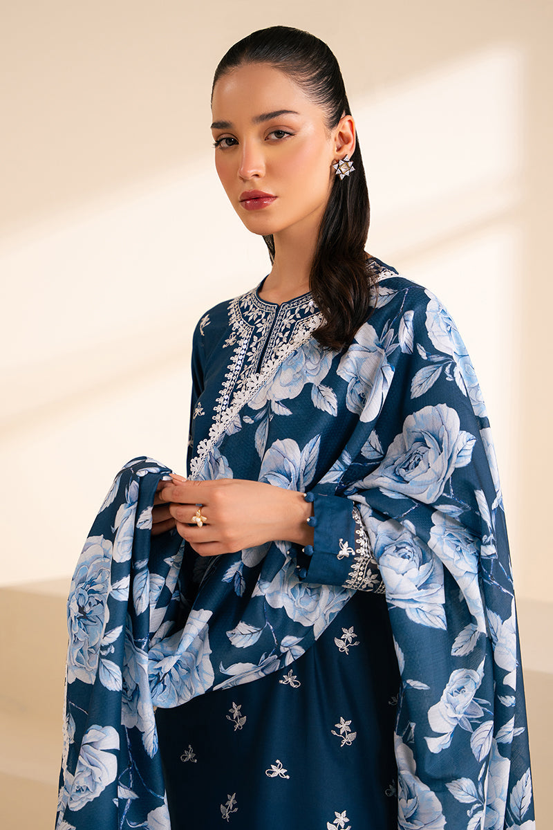3 Piece - Cross Stitch Dhanak Embroidered Suit with Digital Printed Pashmina Shawl (Unstitched)