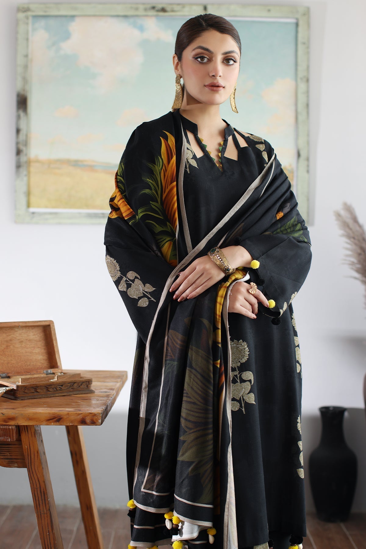 3 Piece - Charizma DhanakPrinted Suit with Printed Pashmina Wool Shawl(Unstitched)