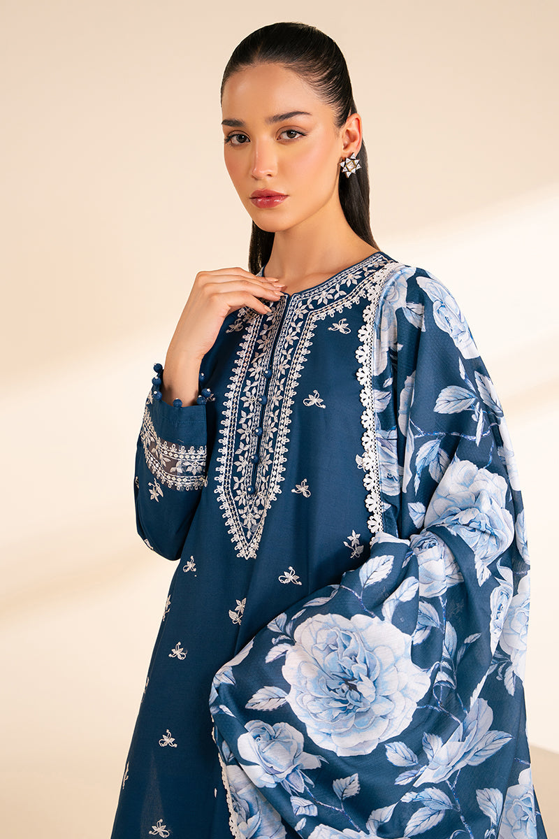 3 Piece - Cross Stitch Dhanak Embroidered Suit with Digital Printed Pashmina Shawl (Unstitched)
