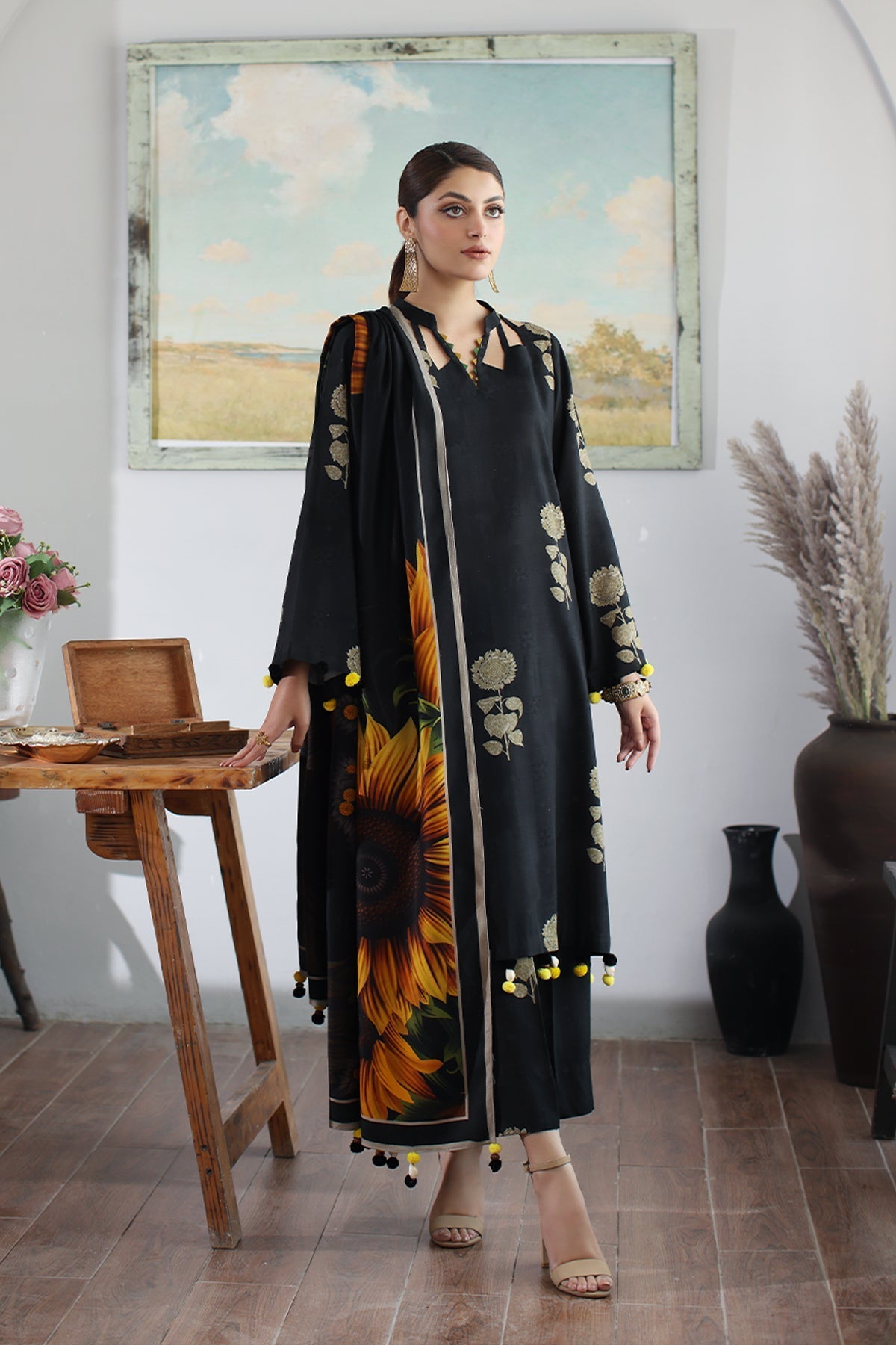 3 Piece - Charizma DhanakPrinted Suit with Printed Pashmina Wool Shawl(Unstitched)