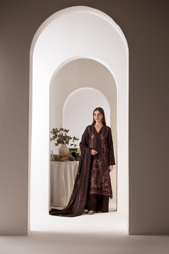 3 Piece - Dhanak Embroidered Suit with Dhanak Embroidered Shawl (Unstitched)