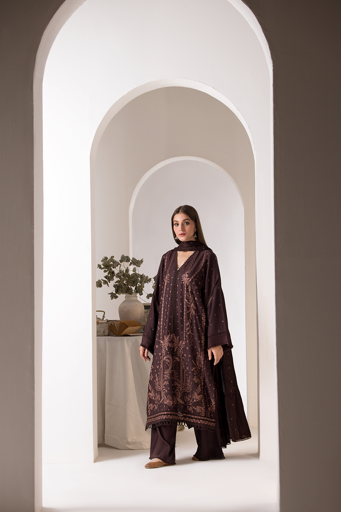 3 Piece - Dhanak Embroidered Suit with Dhanak Embroidered Shawl (Unstitched)