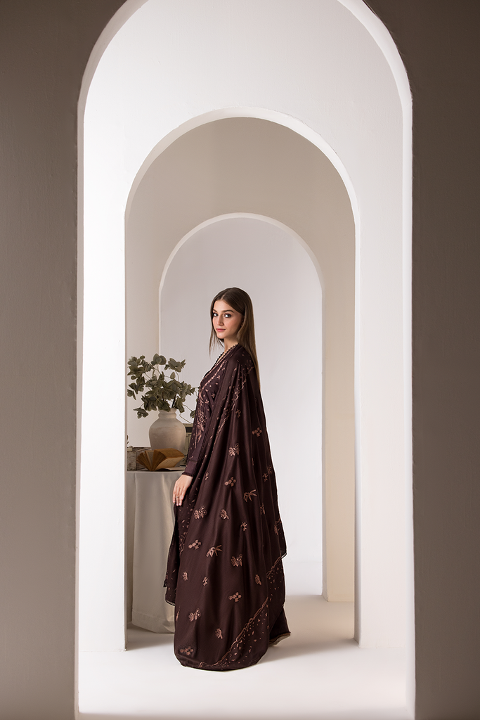 3 Piece - Dhanak Embroidered Suit with Dhanak Embroidered Shawl (Unstitched)