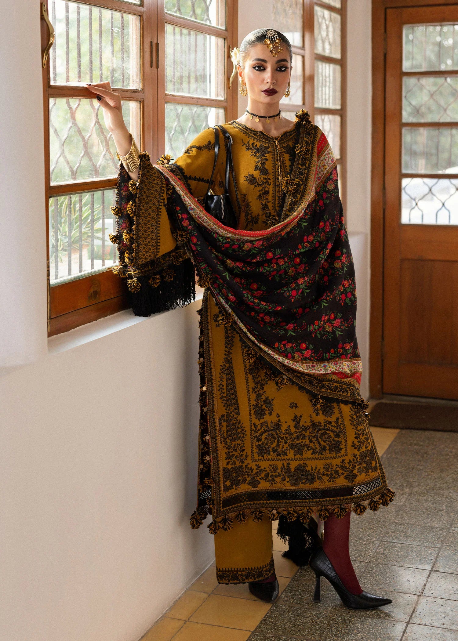3 Piece - Hussain Rehar Dhanak Embroidered Suit with Wool Digital Printed Shawl (Unstitched)