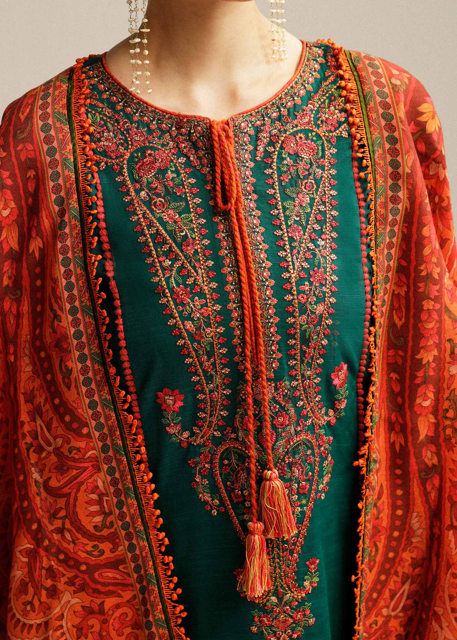 3 Piece - Dhanak Embroidered Suit with Dhanak Digital Printed Shawl (Unstitched)