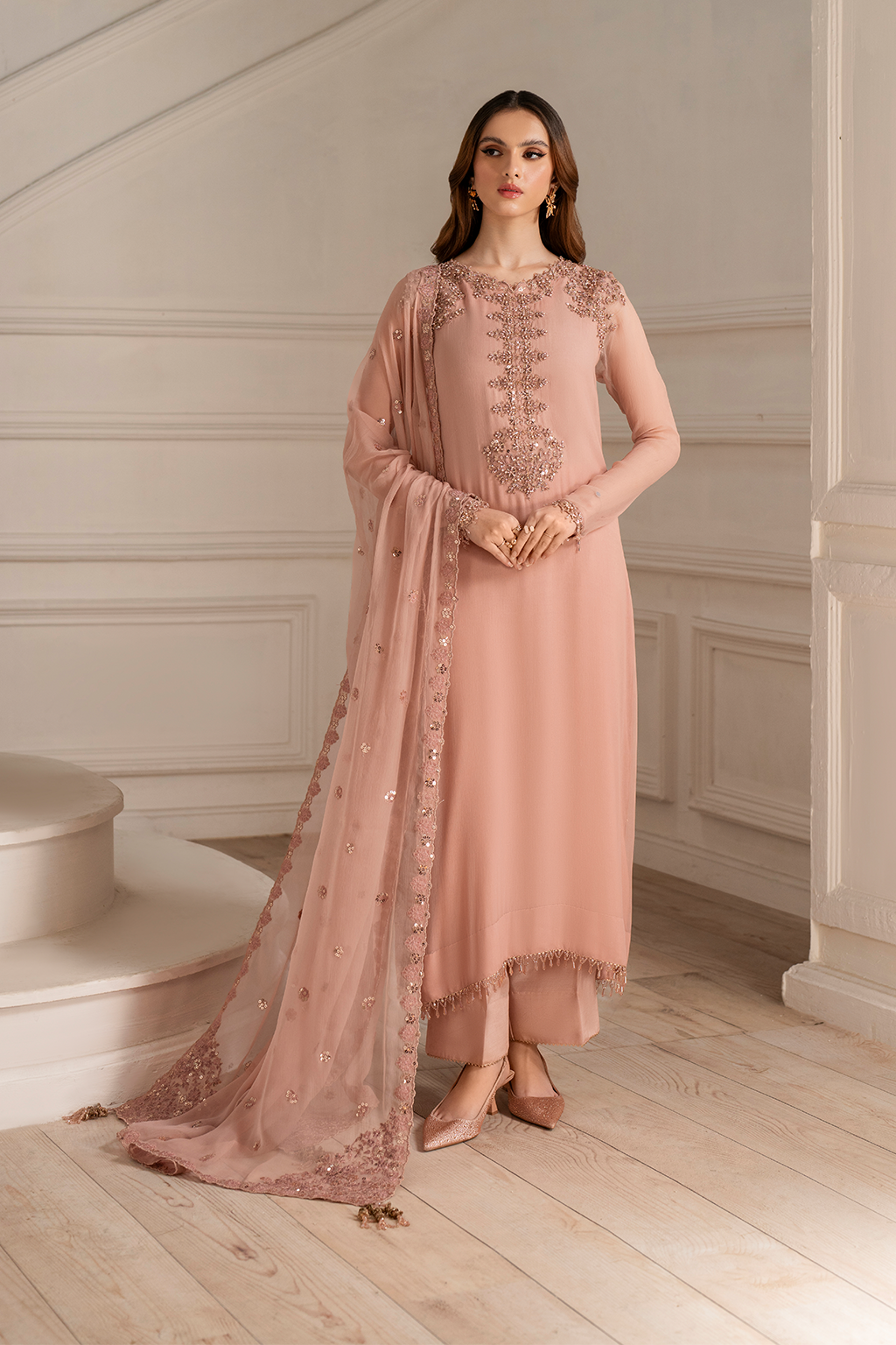 3 Piece - Chiffon Full Heavy Embroidered Suit with Embroidered Chiffon Dupatta (Unstitched)