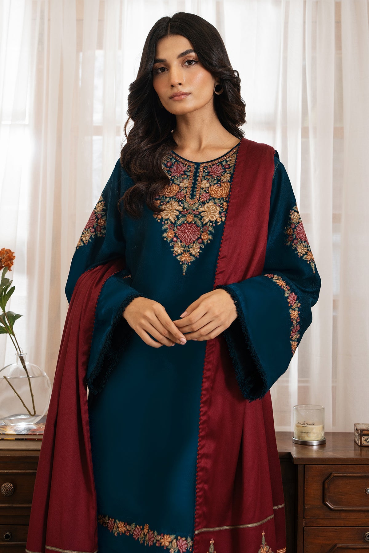 3 Piece - Jazmin Dhanak Full Heavy Embroidered Suit with Full Heavy Embroidered Shawl (Unstitched)