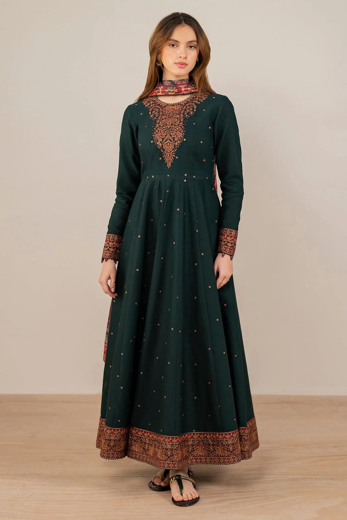 3 Piece - Jazmin Dhanak Embroidered Suit with Digital Wool Shawl (Unstitched)