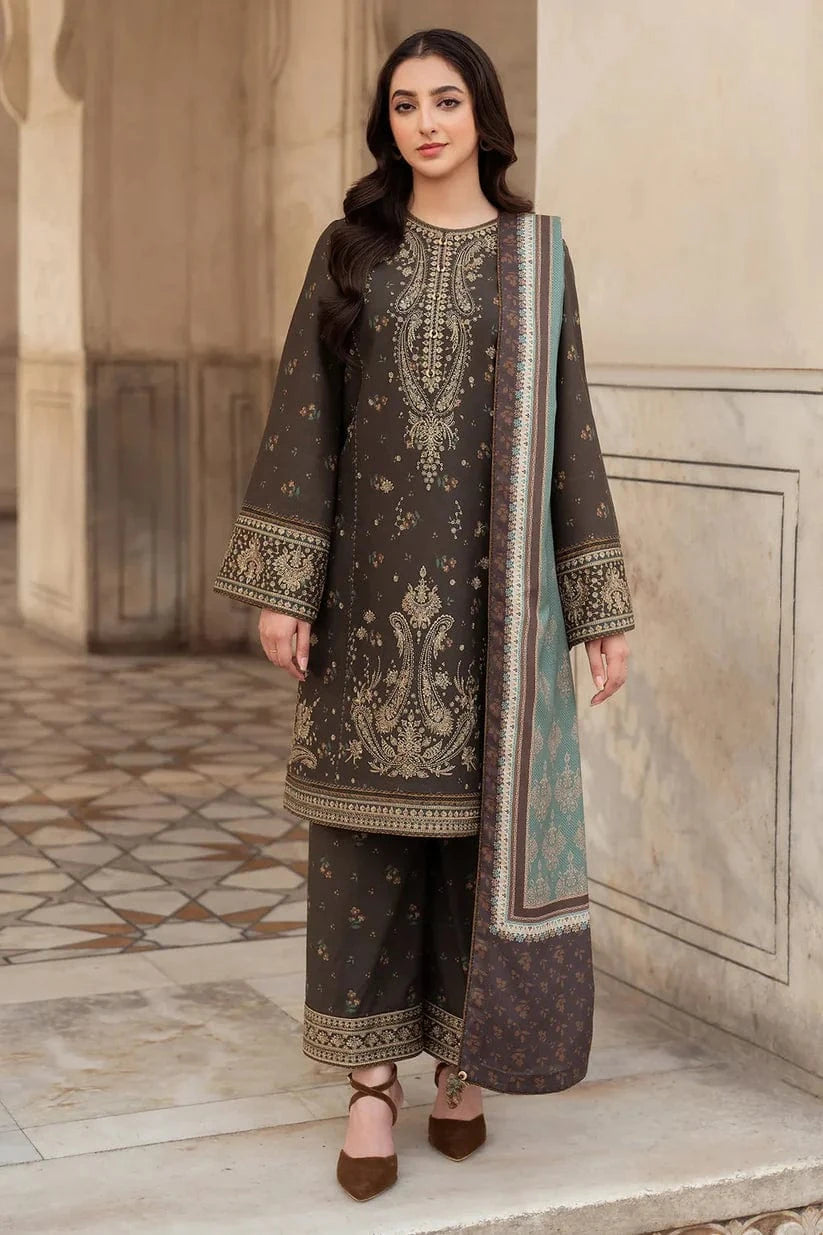 3 Piece - Dhanak Full Heavy Embroidered Suit with Digital Wool Shawl (Unstitched)