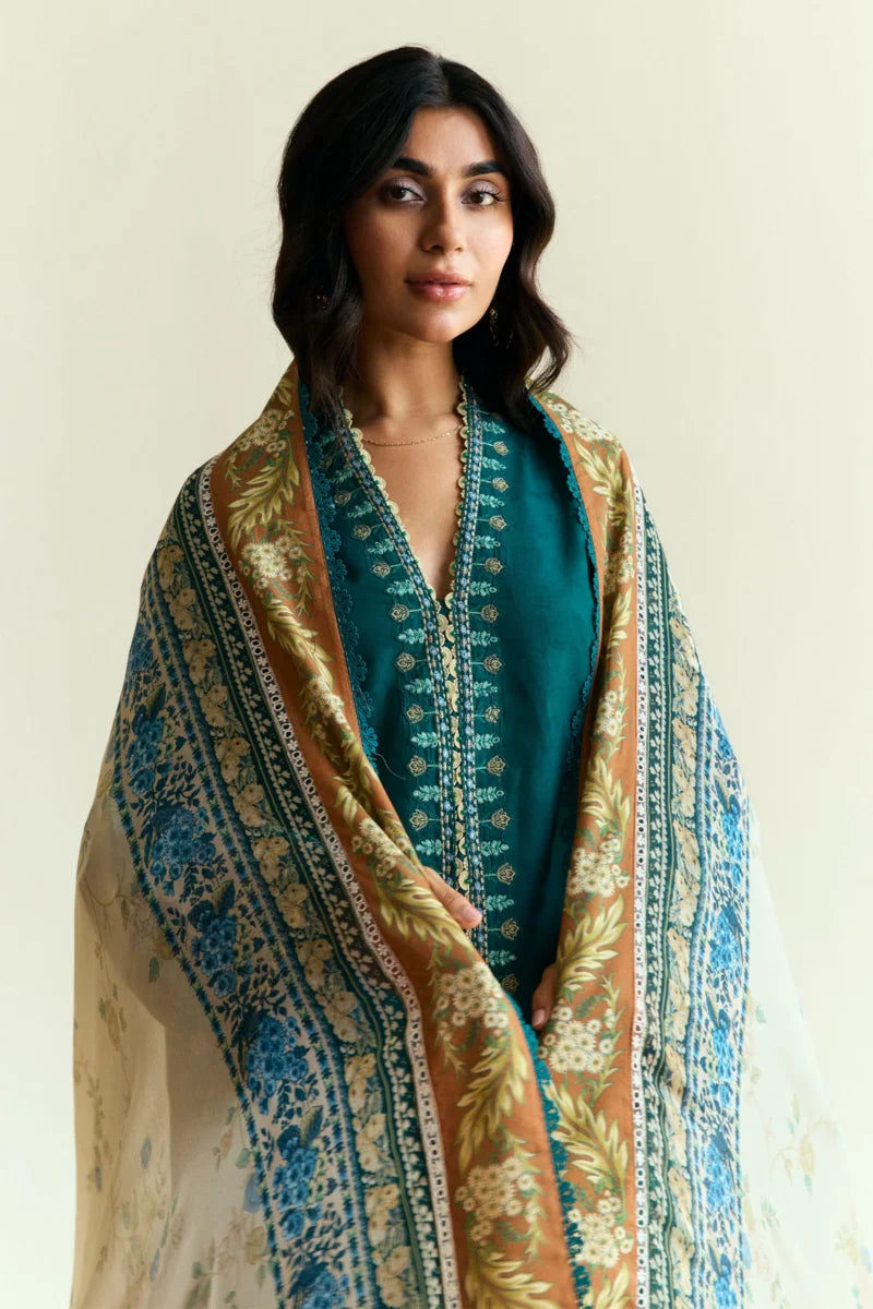 3 Piece - Dhanak Embroidered Suit with Wool Printed Shawl (Unstitched)